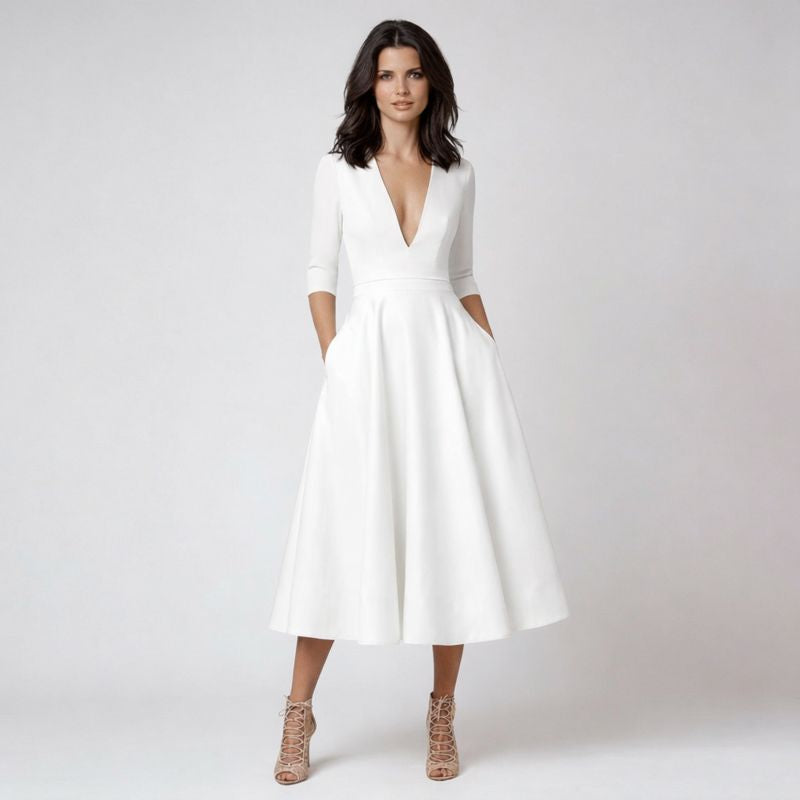 Women's Midi Satin Dress with V-Neck and 3/4 Sleeves
