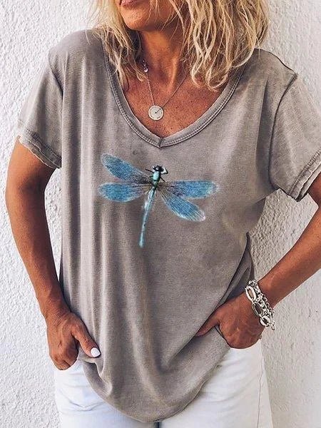 T-shirt casual da donna con stampa di libellule, scollo a V e maniche corte