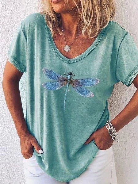T-shirt casual da donna con stampa di libellule, scollo a V e maniche corte