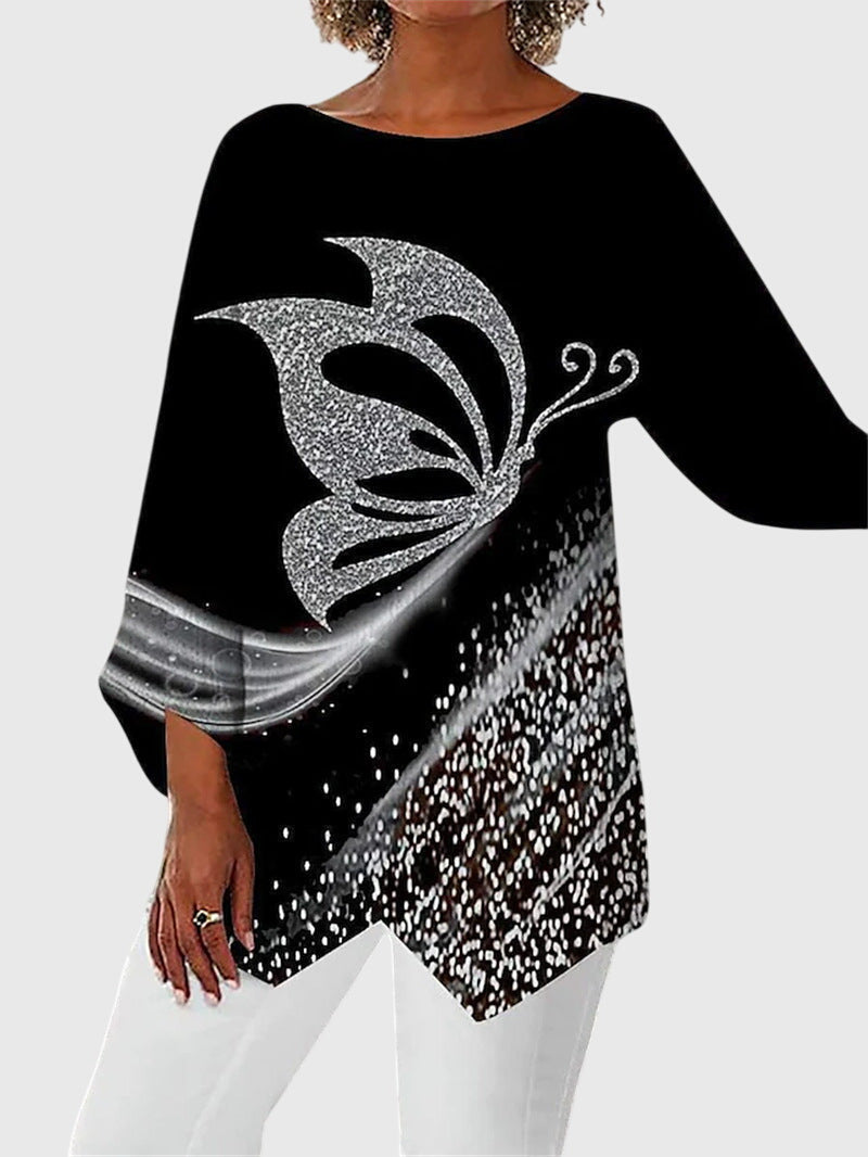 Women's Butterfly Print Asymmetric Hem Top