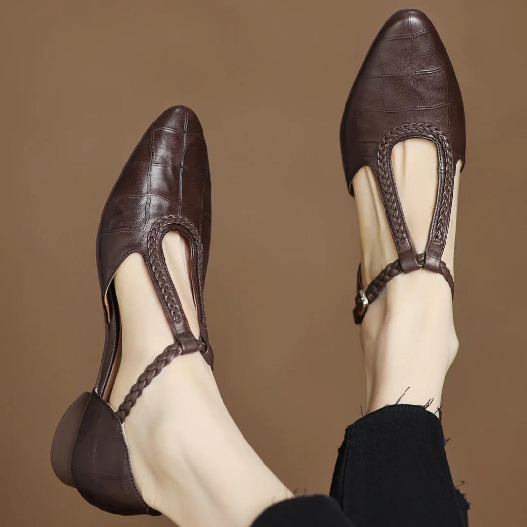 Margot | Women's Leather T-Strap Mary Jane Flats Pointed Toe Flat 0