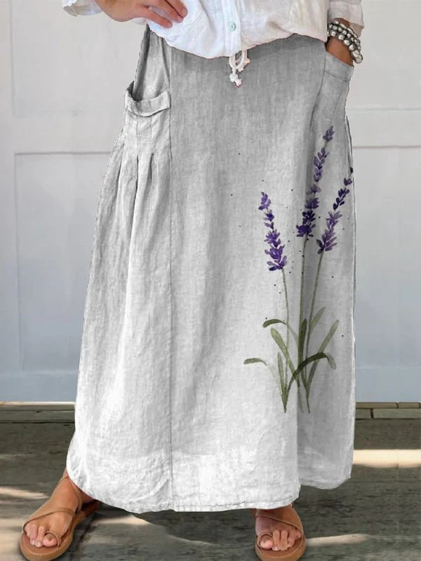 Marian™ | Watercolor Lavender Floral Printed Elastic waistband Pocket Skirt 0