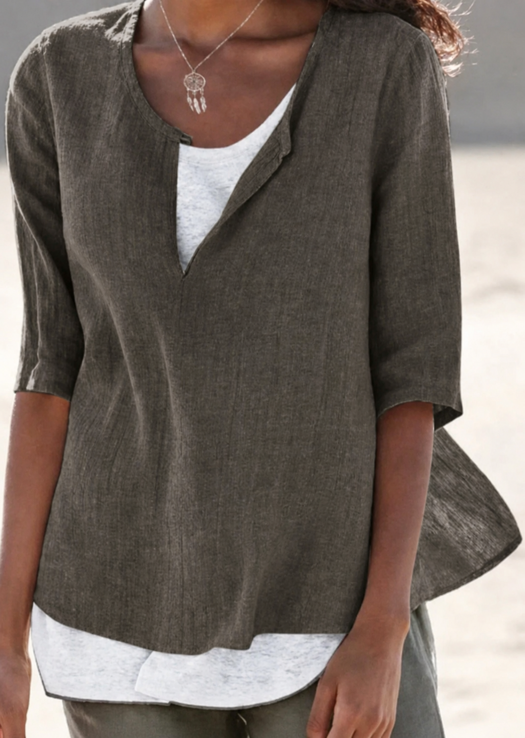 Women's 3/4 Sleeve Blouse Split Neck Casual Top