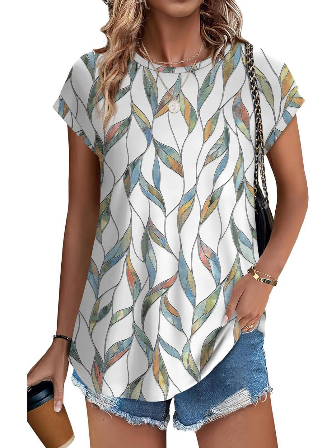 Top casual da donna con stampa di foglie, scollo rotondo e maniche corte
