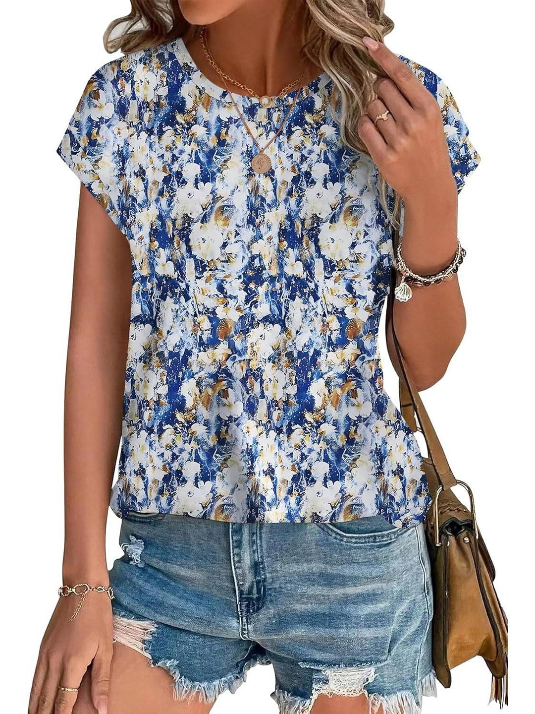 Top casual da donna con stampa di foglie, scollo rotondo e maniche corte