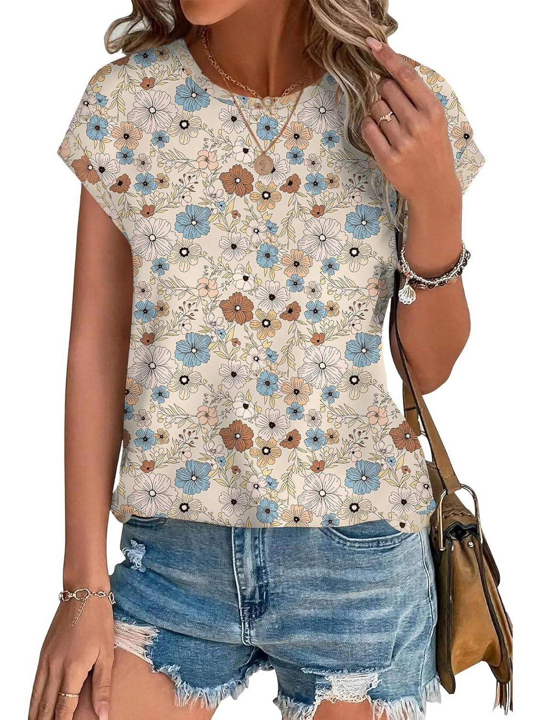 Top casual da donna con stampa di foglie, scollo rotondo e maniche corte