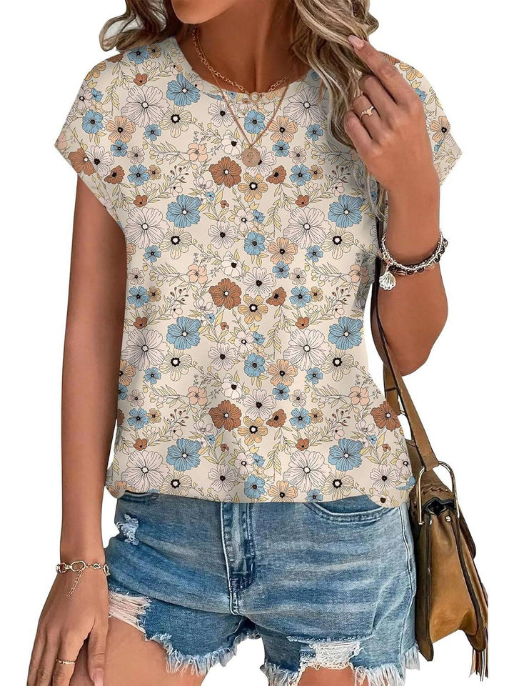 Top casual da donna con stampa di foglie, scollo rotondo e maniche corte