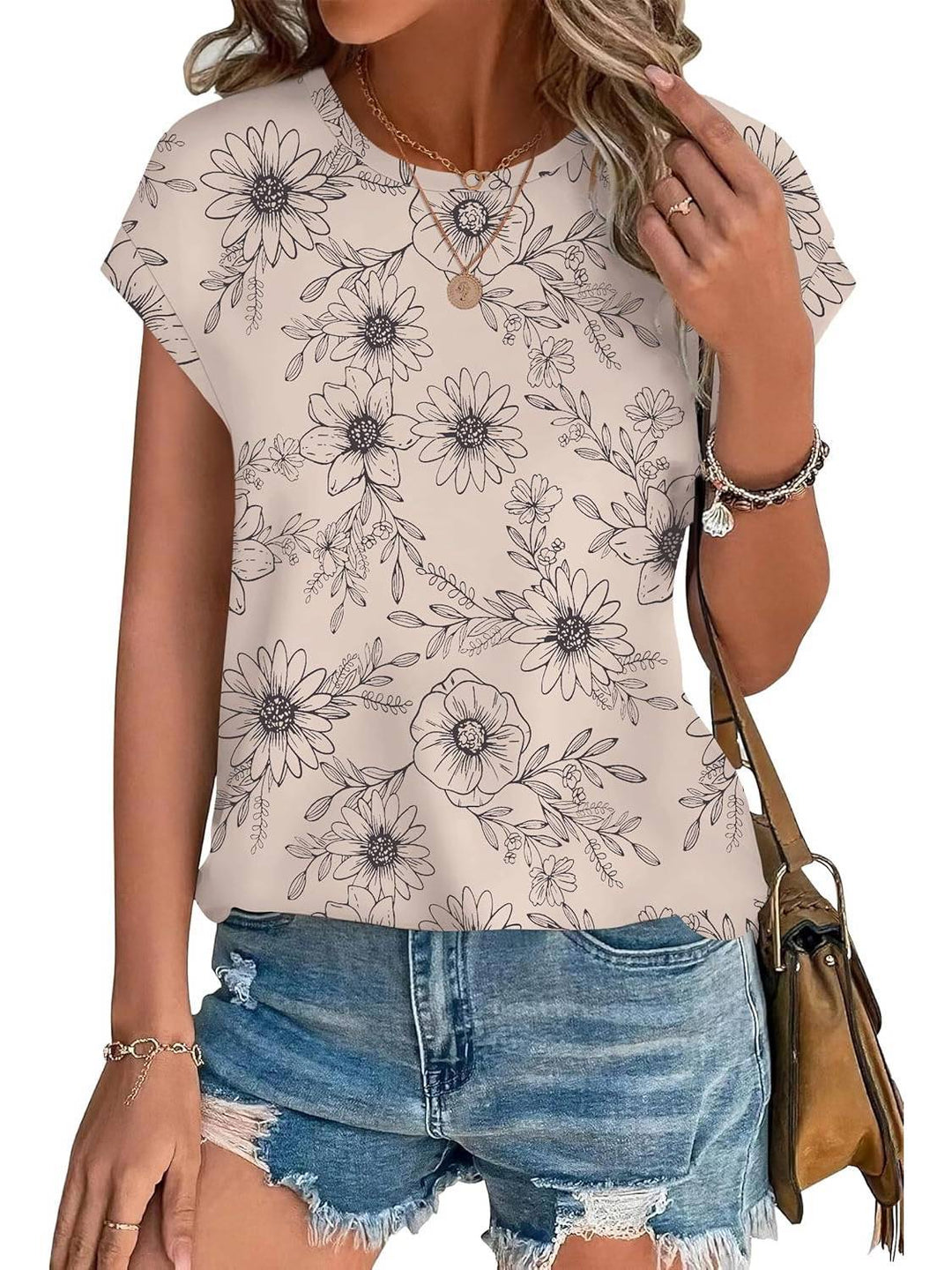 Top casual da donna con stampa di foglie, scollo rotondo e maniche corte