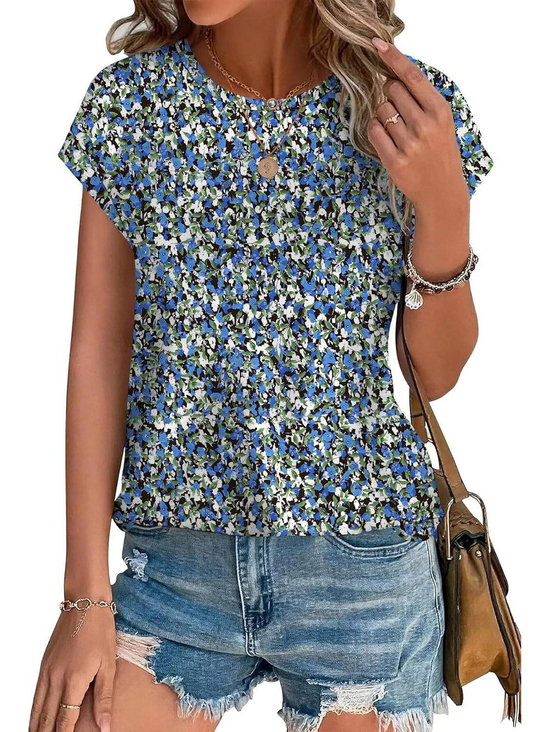 Top casual da donna con stampa di foglie, scollo rotondo e maniche corte