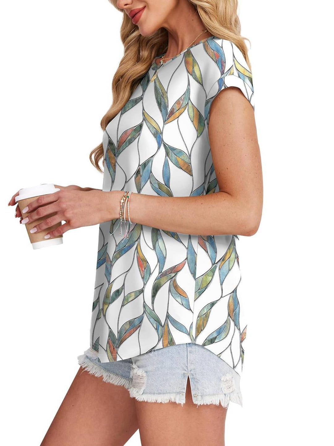 Top casual da donna con stampa di foglie, scollo rotondo e maniche corte