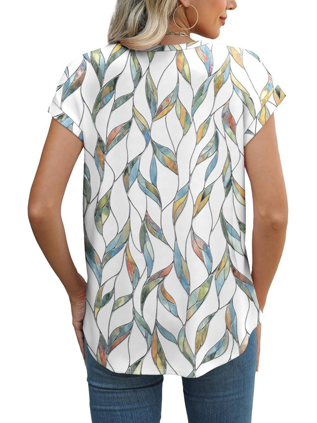 Top casual da donna con stampa di foglie, scollo rotondo e maniche corte
