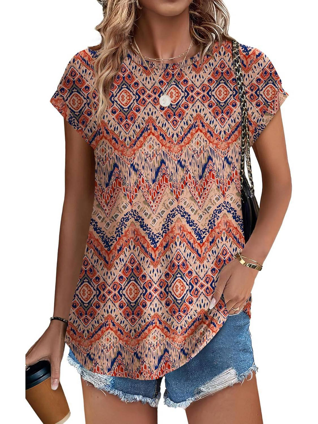 Top casual da donna con stampa di foglie, scollo rotondo e maniche corte