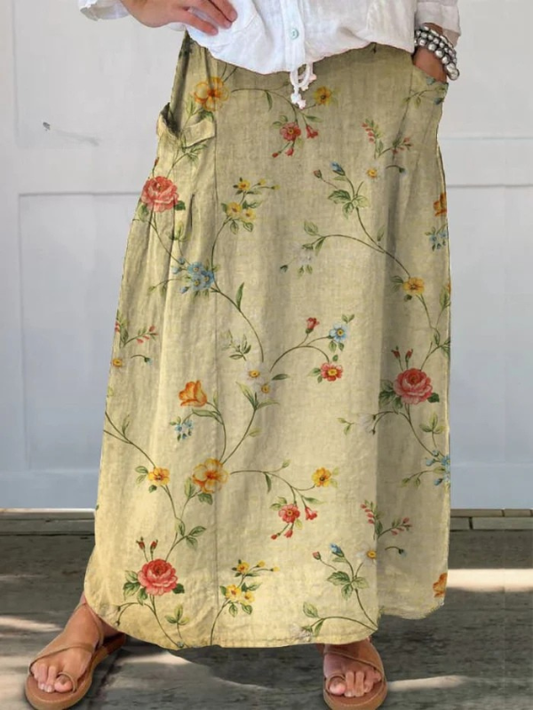 Mella™ | Retro Elegant Floral Art Elastic waistband Pocket Skirt 0