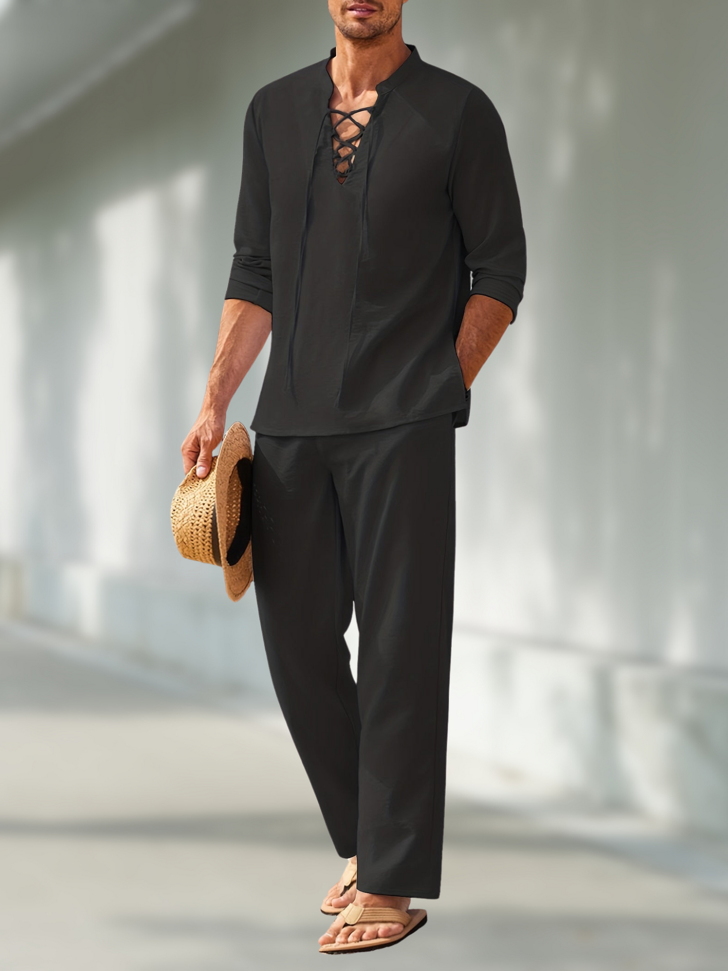 Men's Lightweight Cotton Summer Set | Casual V-Neck Shirt and Loose Trousers