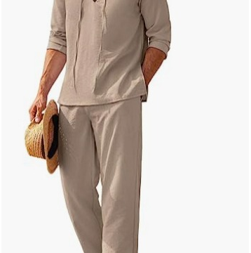 Men's Lightweight Cotton Summer Set | Casual V-Neck Shirt and Loose Trousers