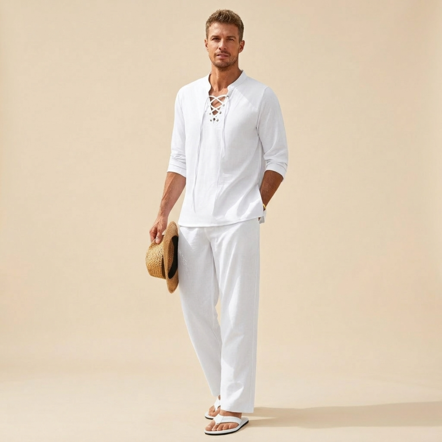 Men's Lightweight Cotton Summer Set | Casual V-Neck Shirt and Loose Trousers