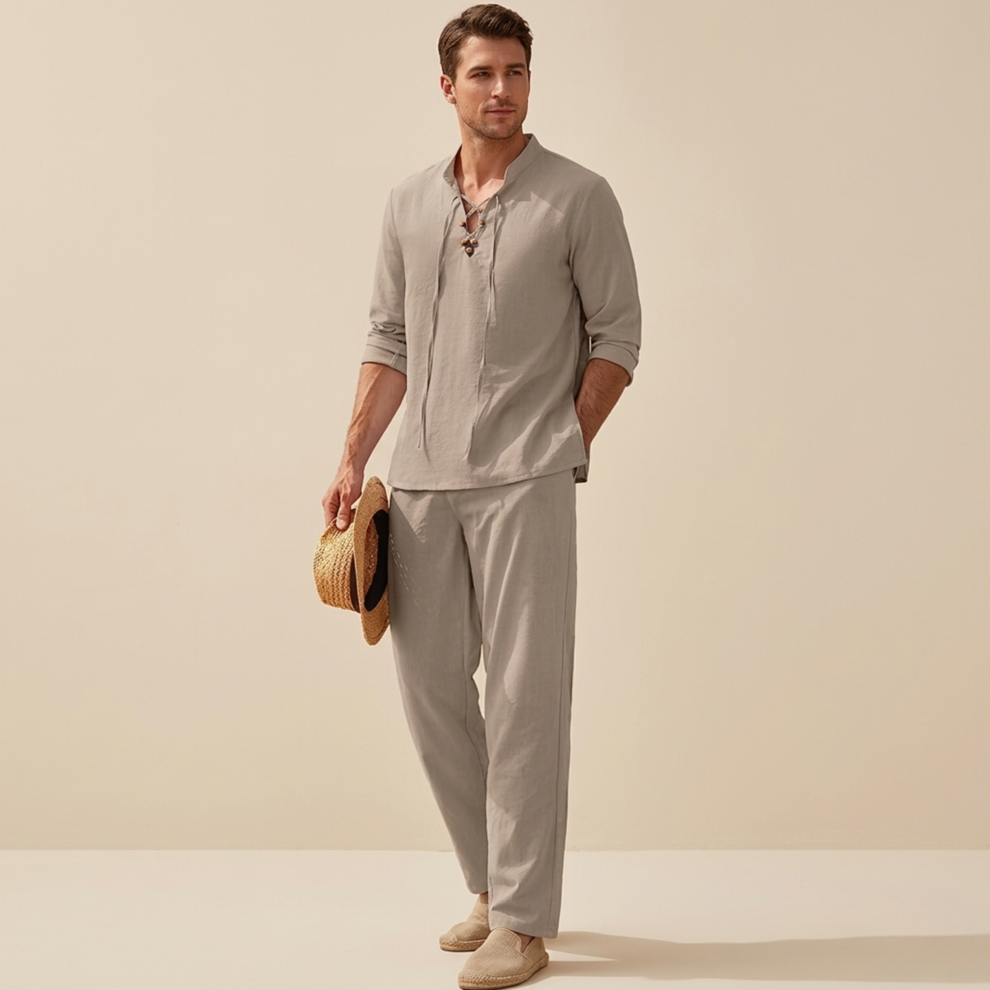 Men's Lightweight Cotton Summer Set | Casual V-Neck Shirt and Loose Trousers