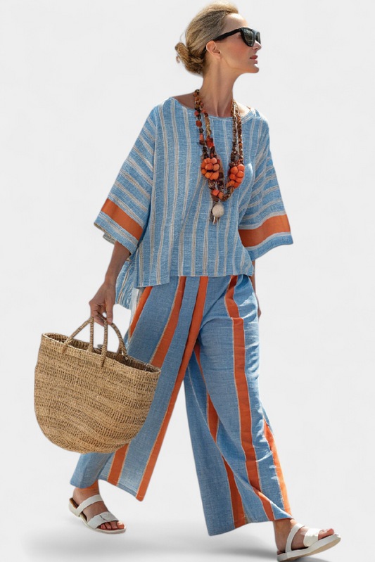 Mia | Relaxed Elegant Terracotta Striped Top and Linen Pants Set 0