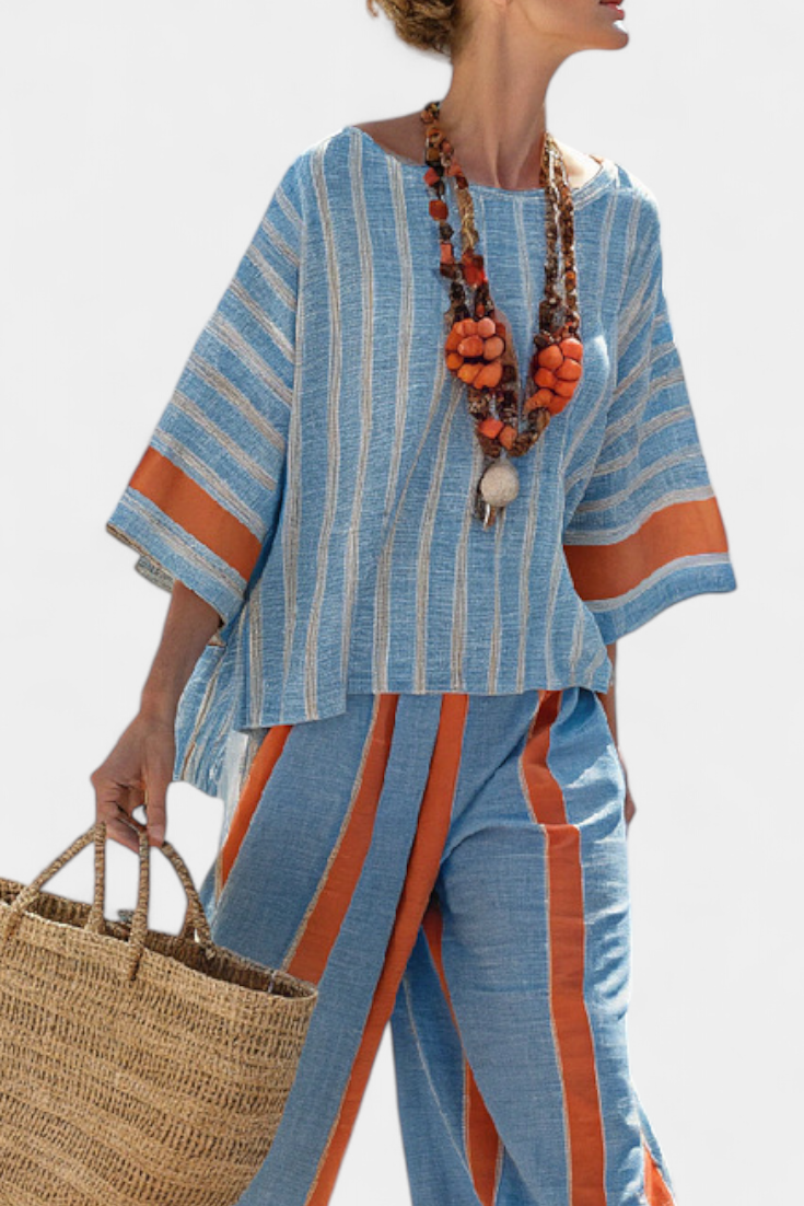 Mia | Relaxed Elegant Terracotta Striped Top and Linen Pants Set 2
