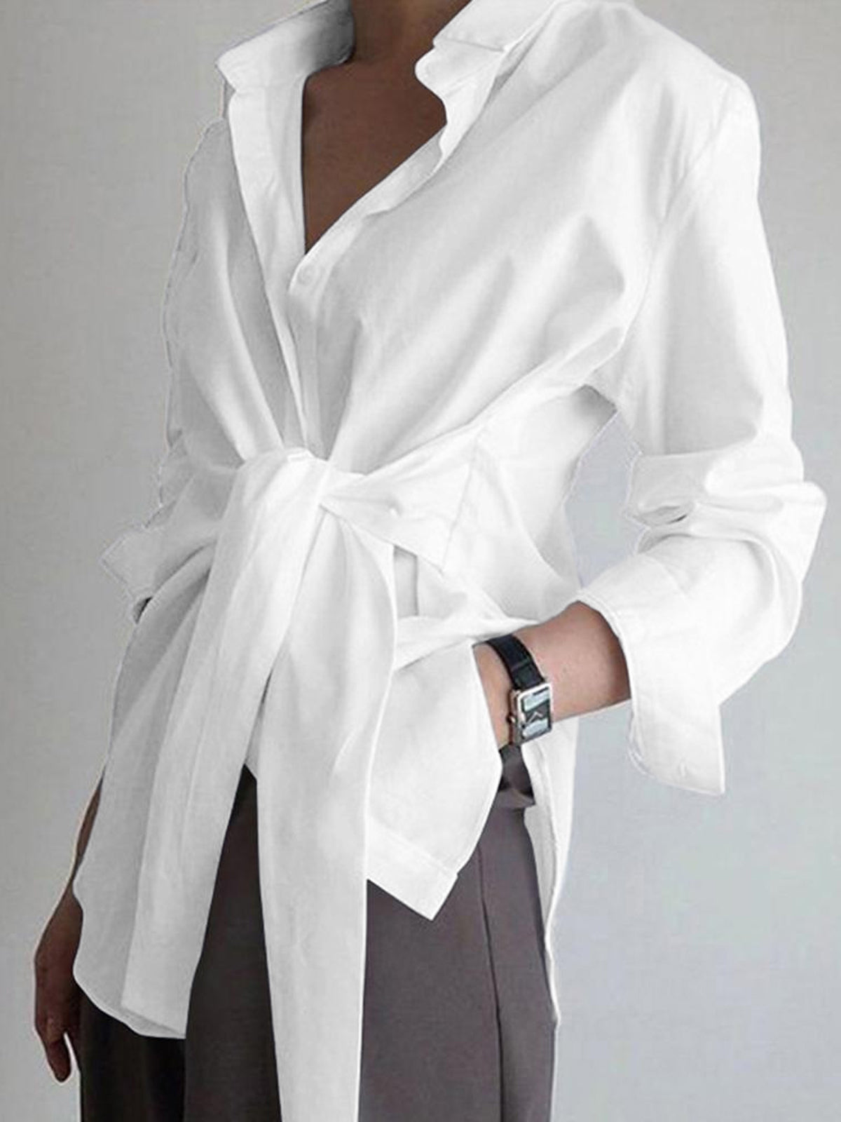 Women's White Cotton Blend Blouse | Relaxed Oversized Long Sleeve Tie Waist Shirt 1