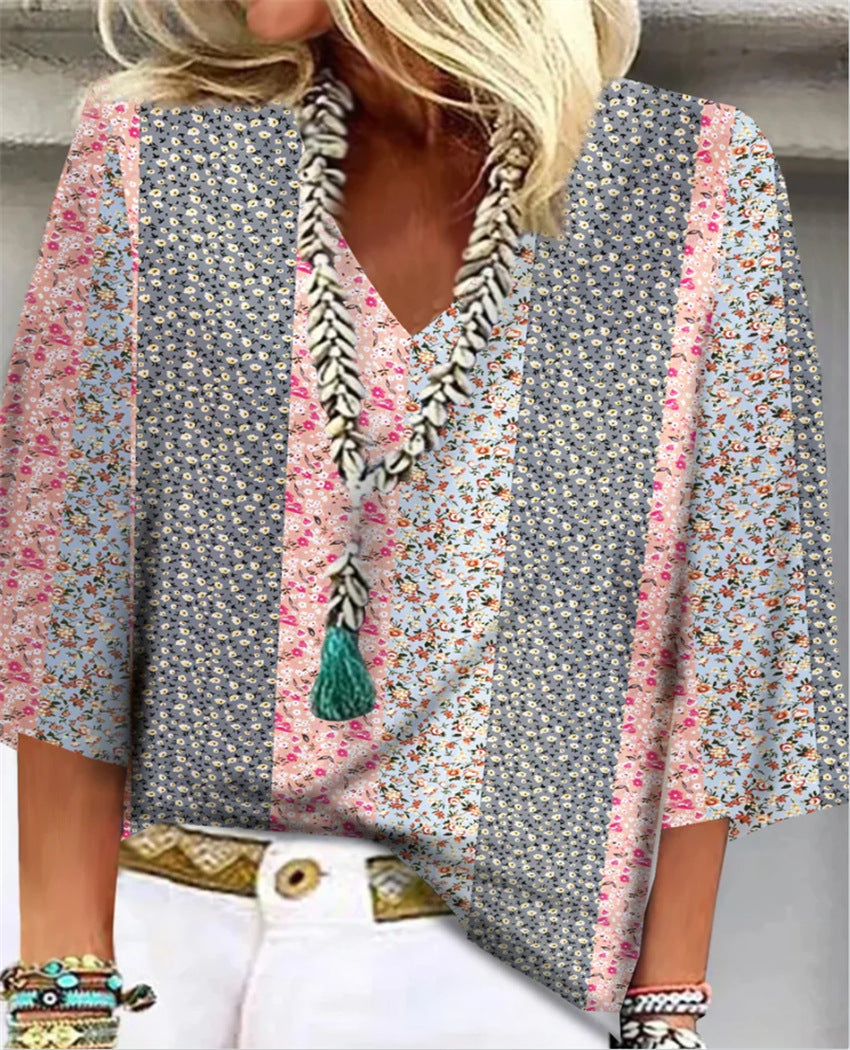 Women's Ditsy Floral Patchwork V-Neck 3/4 Sleeve Top