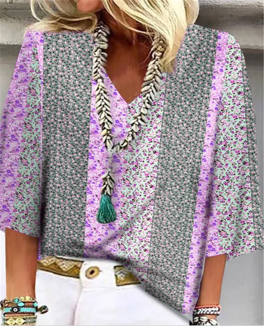 Women's Ditsy Floral Patchwork V-Neck 3/4 Sleeve Top