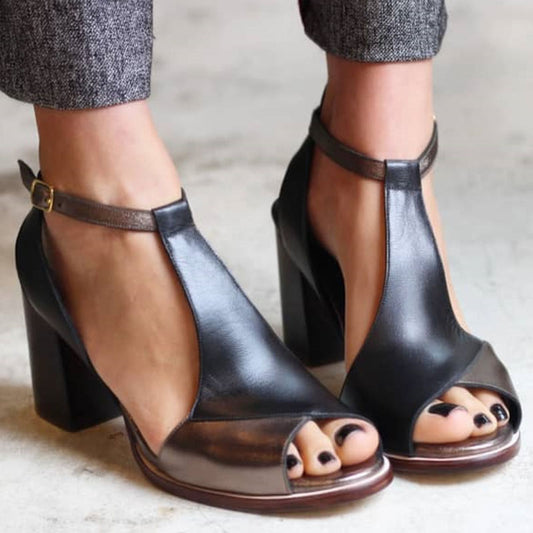 Nadaria™ | Black Patchwork Peep Toe Heels 0