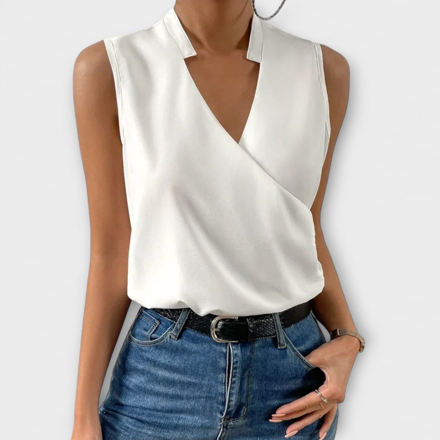 Women's Sleeveless Wrap V-Neck Top Collared Blouse