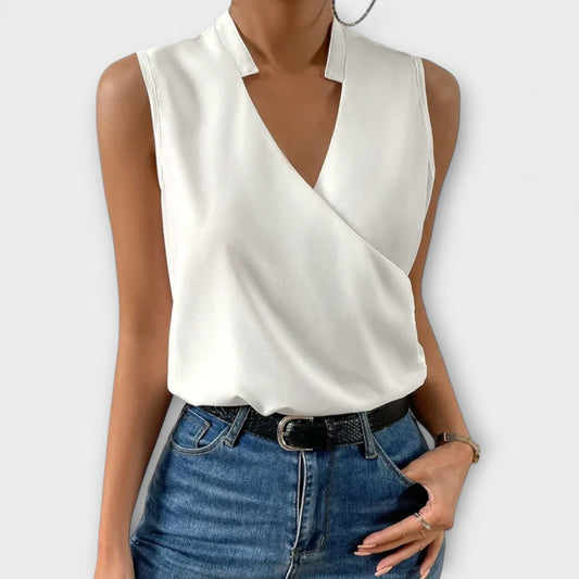 Women's Sleeveless Wrap V-Neck Top Collared Blouse