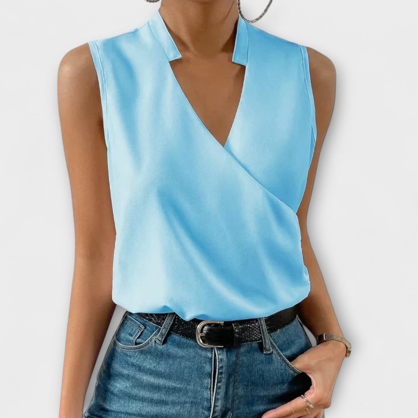 Women's Sleeveless Wrap V-Neck Top Collared Blouse