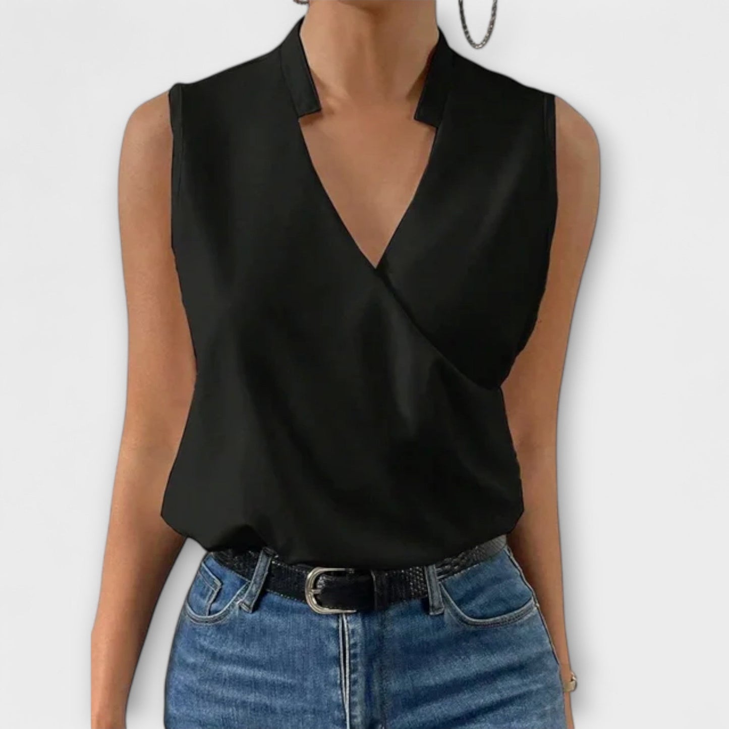 Women's Sleeveless Wrap V-Neck Top Collared Blouse