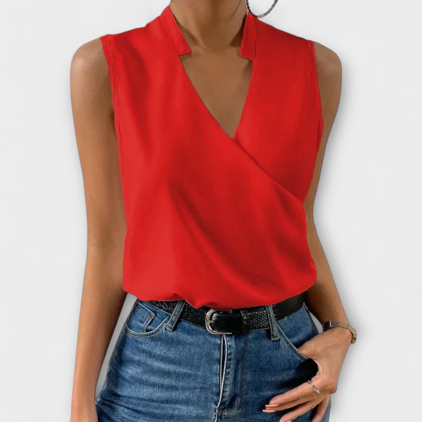 Women's Sleeveless Wrap V-Neck Top Collared Blouse