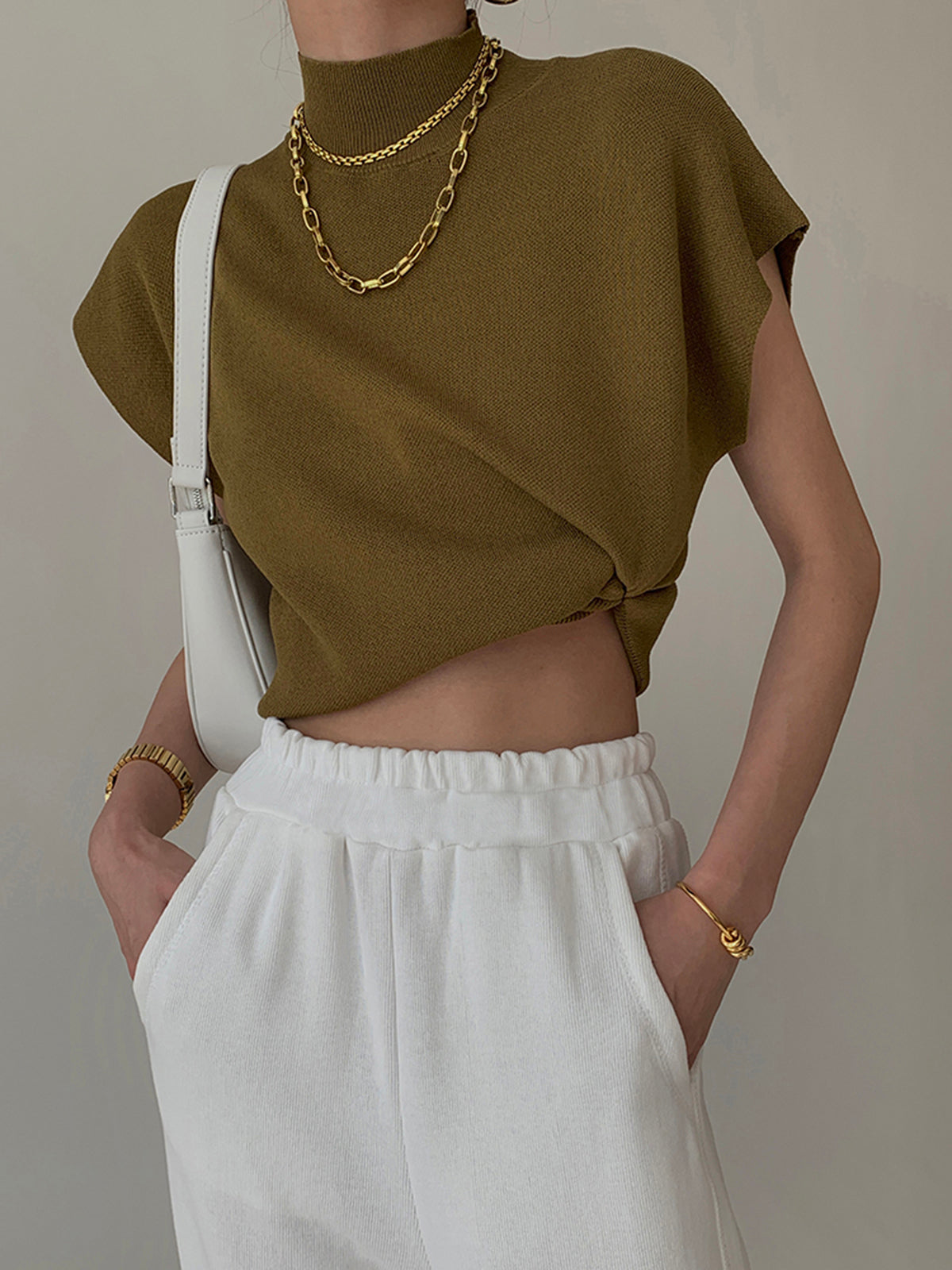 Women's Mock Neck Sleeveless Top Padded Shoulder Vest