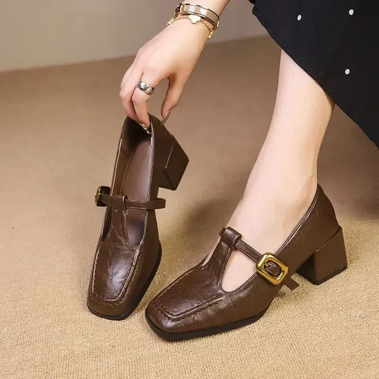 Odette | Women's Square Toe Mary Jane Heels Block Heel Gold Buckle 0