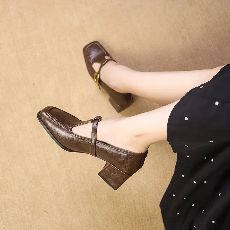 Odette | Women's Square Toe Mary Jane Heels Block Heel Gold Buckle 1
