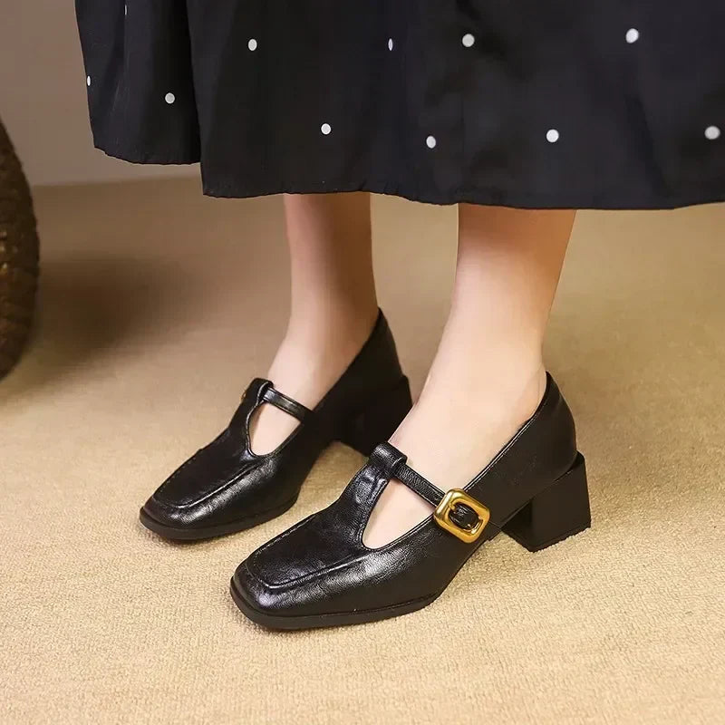 Odette | Women's Square Toe Mary Jane Heels Block Heel Gold Buckle 2