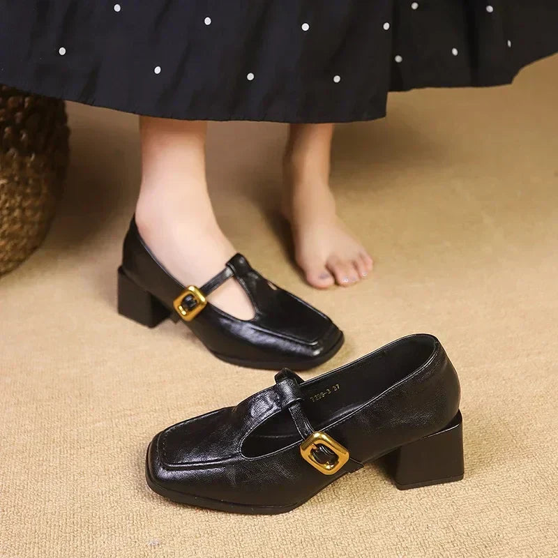 Odette | Women's Square Toe Mary Jane Heels Block Heel Gold Buckle 3