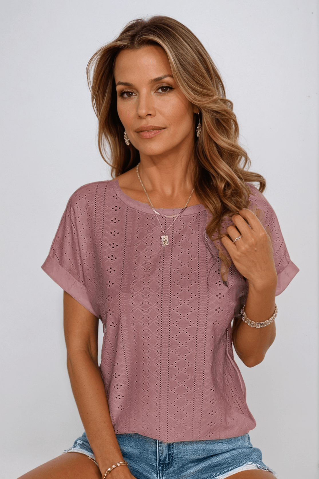 Women's Eyelet Embroidered Crew Neck Short Sleeve Top