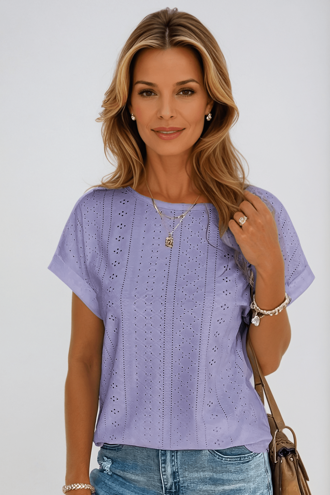 Women's Eyelet Embroidered Crew Neck Short Sleeve Top