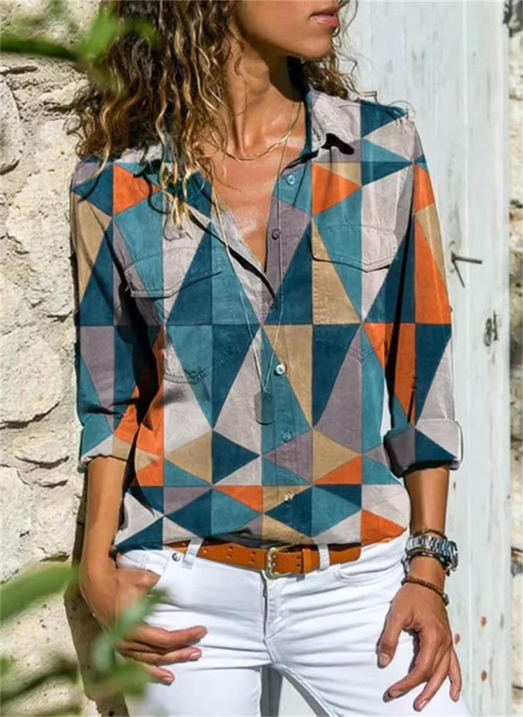 Women's Geometric Print Long Sleeve Button Down Shirt