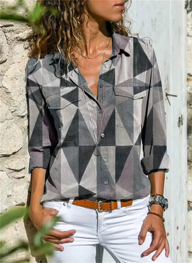 Women's Geometric Print Long Sleeve Button Down Shirt