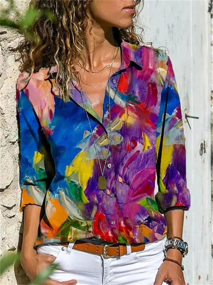 Women's Geometric Print Long Sleeve Button Down Shirt
