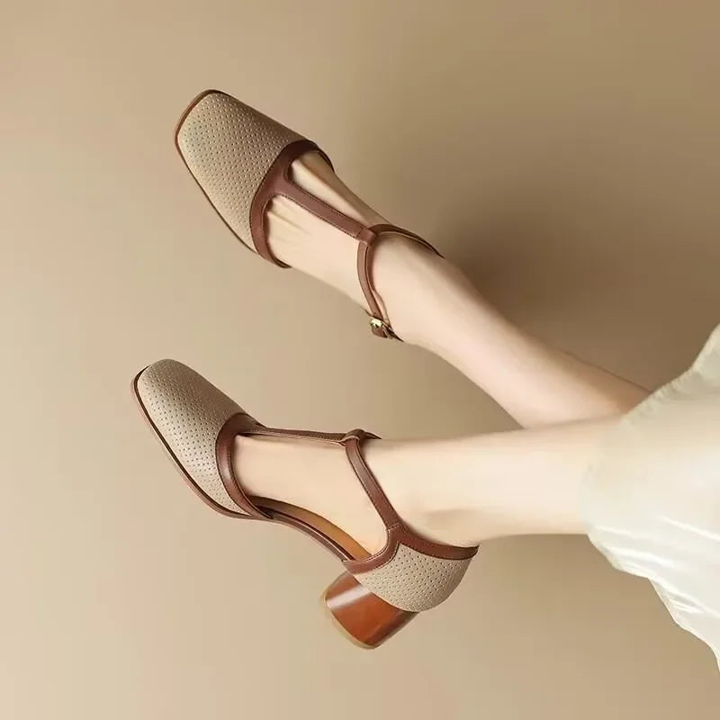 Piper | Women's T-Strap Block Heel Shoes Square Toe Mid Heel Pumps 3