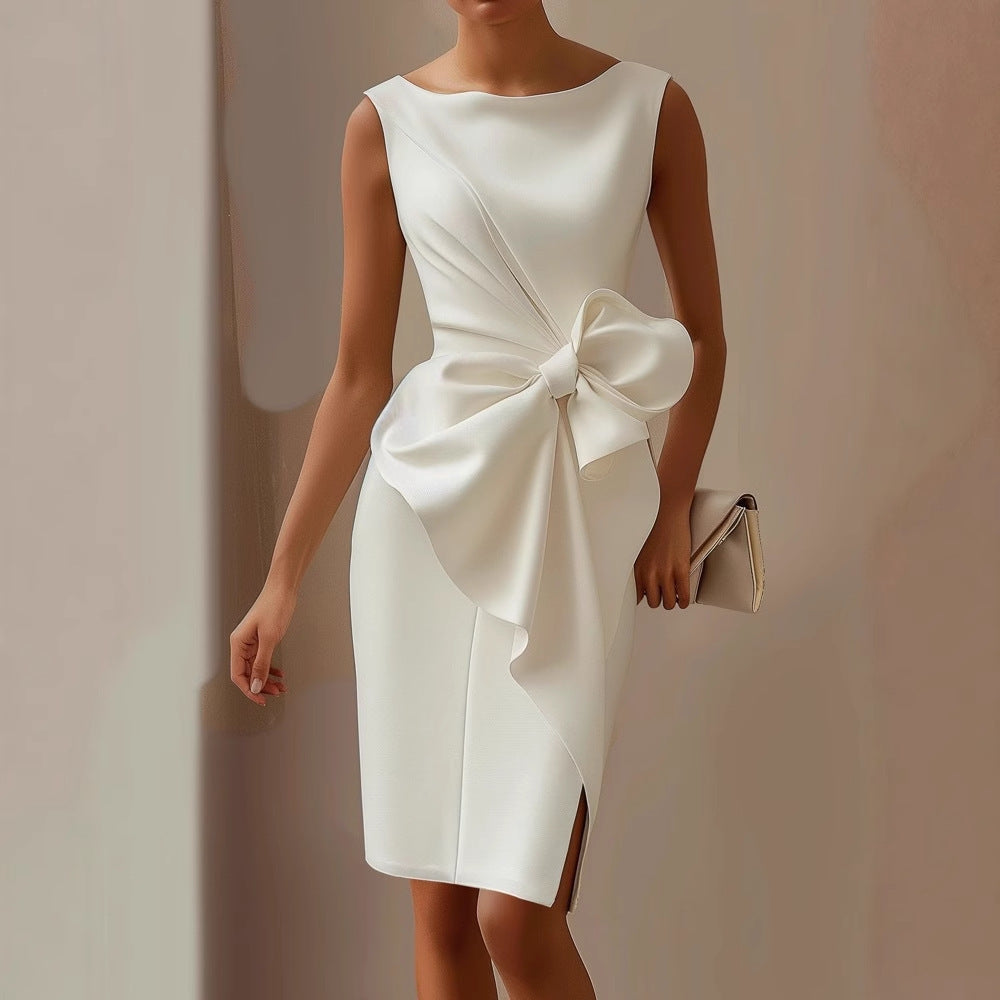Women's Midi Satin Dress with Front Bow – Ceremony
