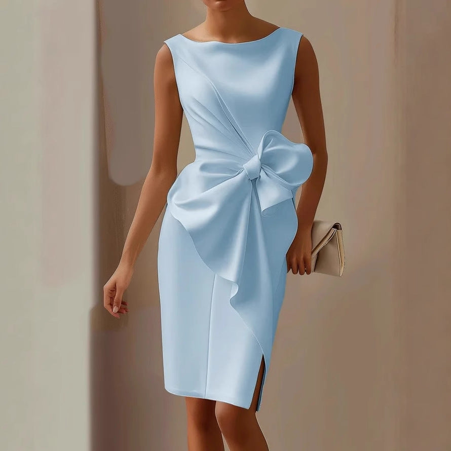 Women's Midi Satin Dress with Front Bow – Ceremony