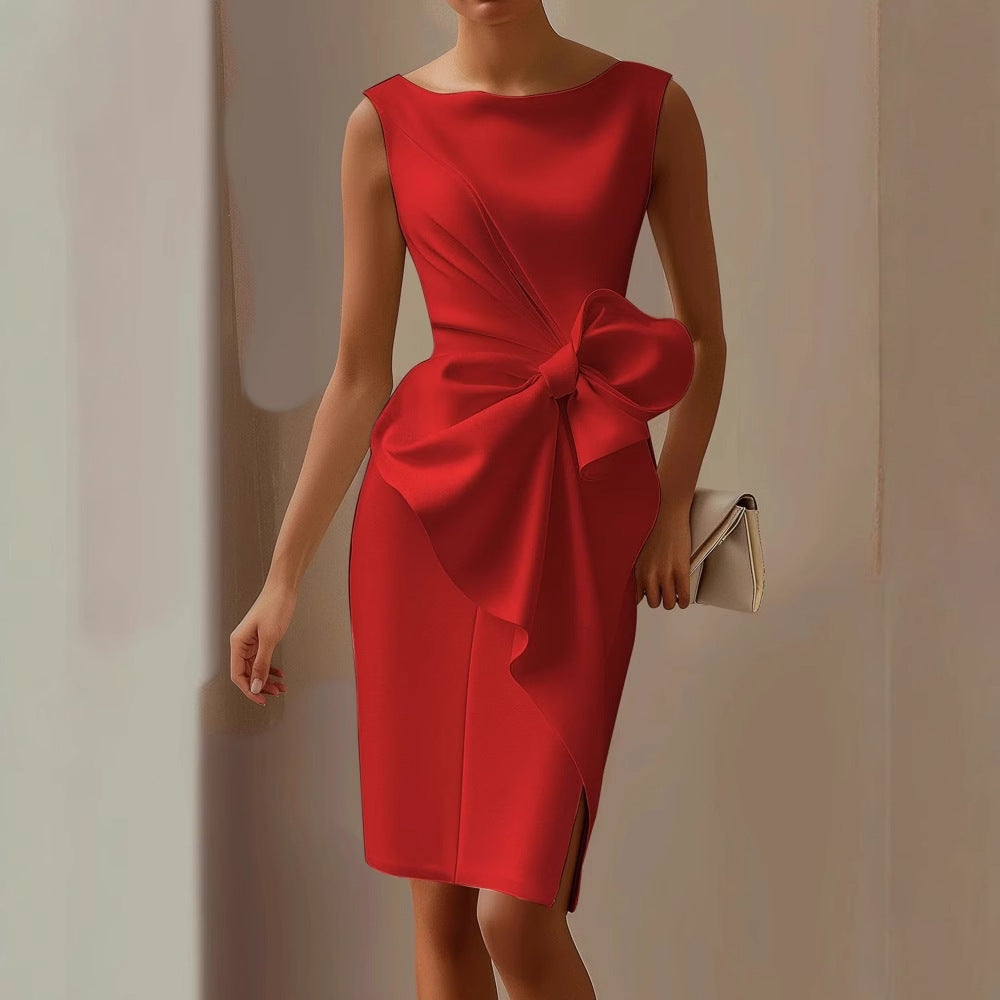 Women's Midi Satin Dress with Front Bow – Ceremony