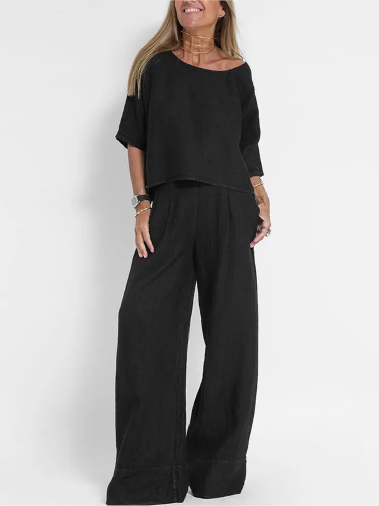 Two-Piece Women's Cotton Linen Sleeveless Top Short Sleeve Wide Leg Casual Pants