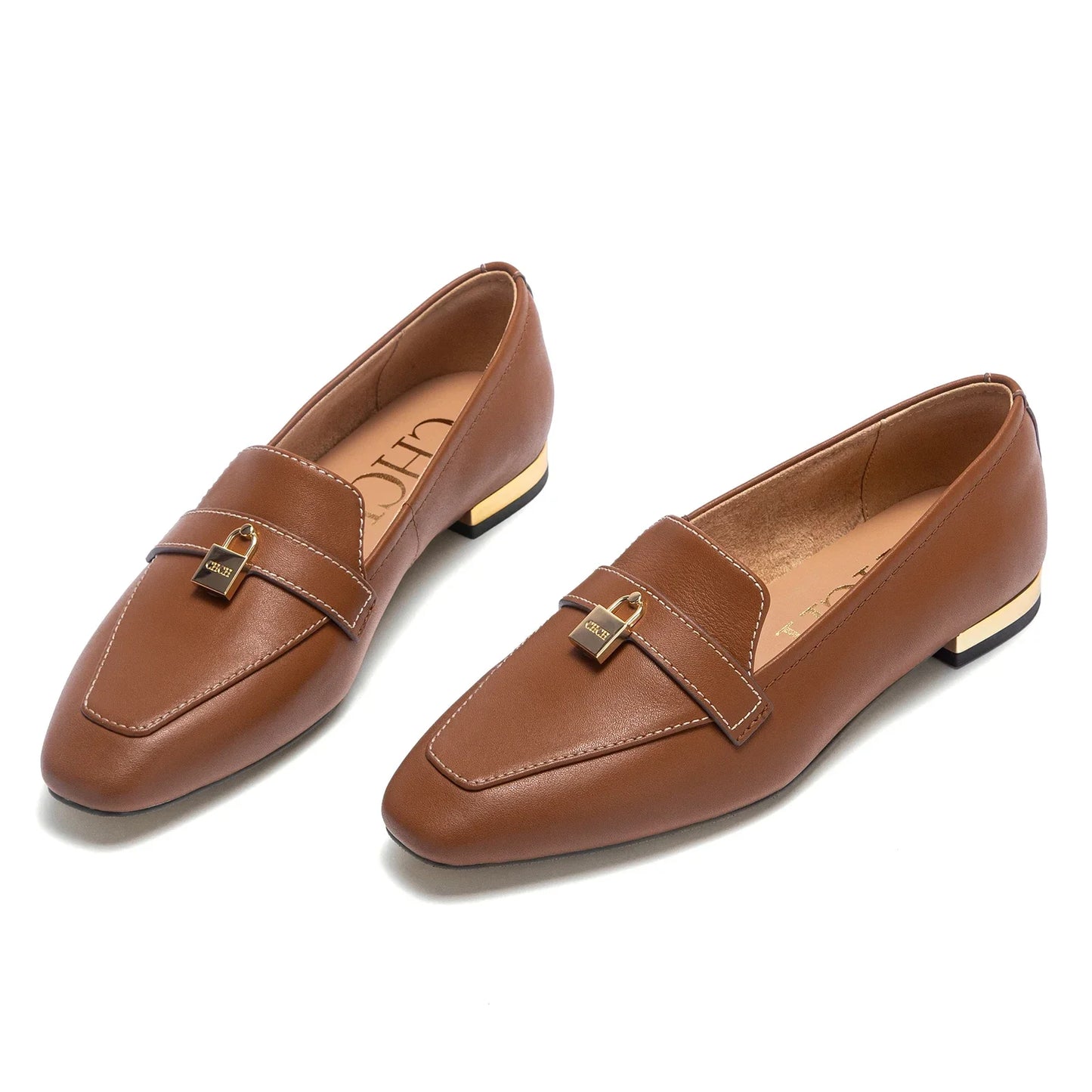 Women's Leather Ballet Flats with Gold Closure Detail, Round Toe, Low Heel, Casual Office