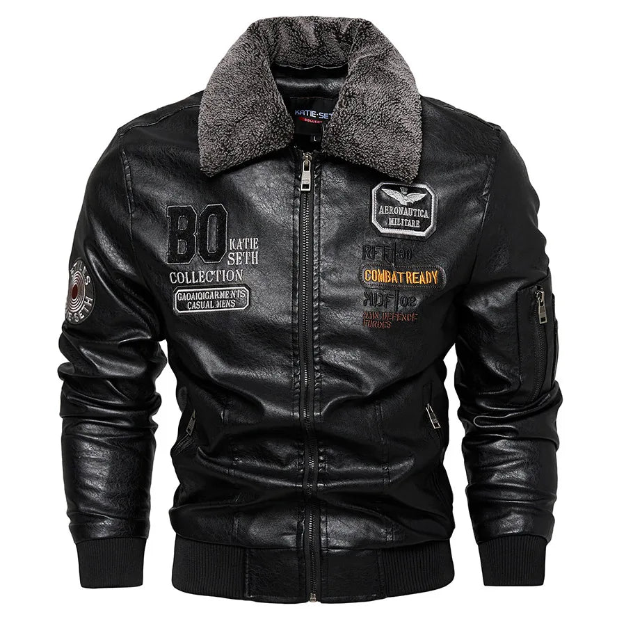 Men's Slim Fit Leather Bomber Jacket with Fur Collar Warm Jacket