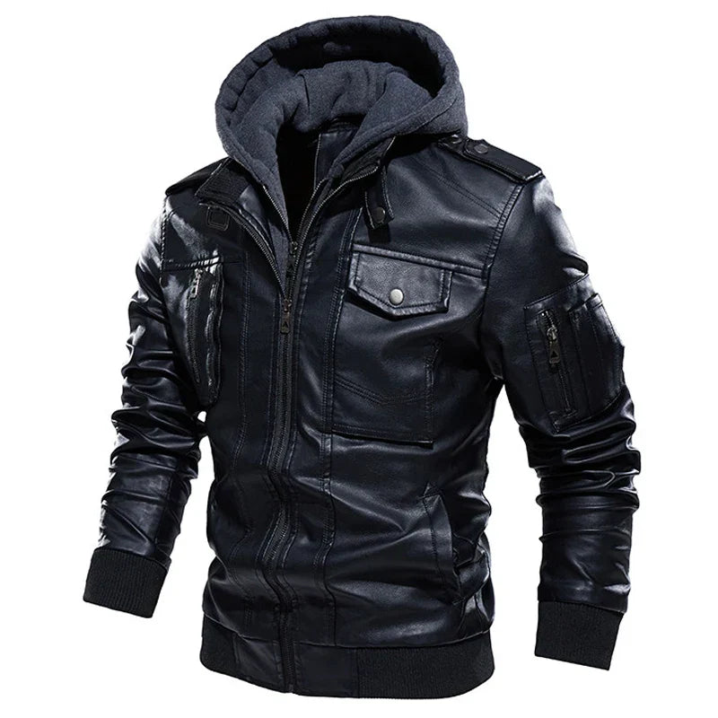 Men's Vintage Warm Leather Jacket with Hood Sleeveless Bomber Long Sleeve